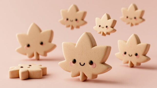 Cute maple leaf characters smile as they fall against a soft pastel background, creating a charming autumn atmosphere with empty space.
