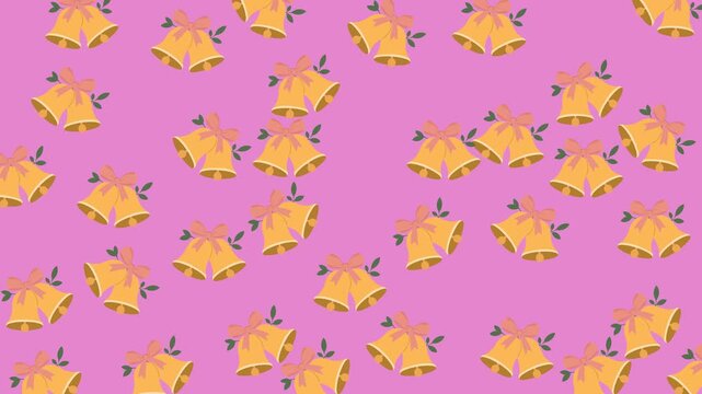 Golden wedding bells and pink ribbons pattern on a bright pink background for celebration decor