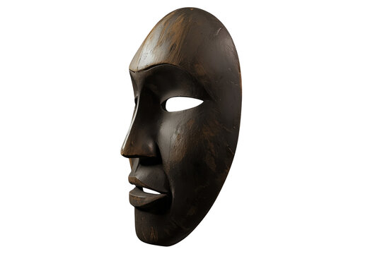 Oval dark wood carved face mask viewed from front