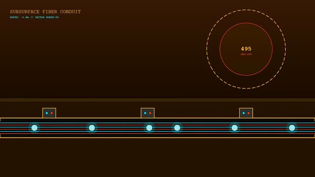 Fiber routing visualized on a digital interface showing animated circular data pulses with light nodes glowing across a dark orange subsurface conduit monitoring system display screen