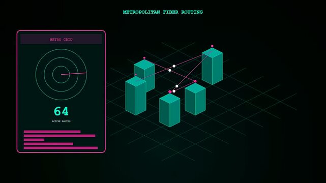 Data fiber routing displayed on a digital interface showing geometric tower structures pulsing with pink nodes inside a dark virtual environment for network system analysis purposes