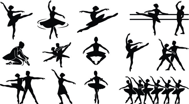 Collection of black silhouettes showing ballet dancers in various poses, including solo performances, duets, and group practice at the barre