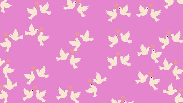 Romantic wedding pattern featuring white doves and hearts on a vibrant pink background for cards