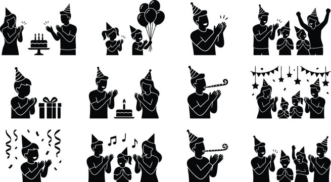 Set of black silhouette showing people celebrating a birthday party with gifts, confetti, party blowers, and music on white background