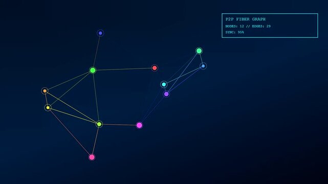 Digital fiber routing visualization depicts evolving network nodes and connections flickering in a series of animated panels showcasing data exchange patterns across a dark virtual interface display