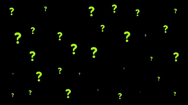 Floating green question marks background, animation, conceptual problem, solving and faq, concept uncertainty