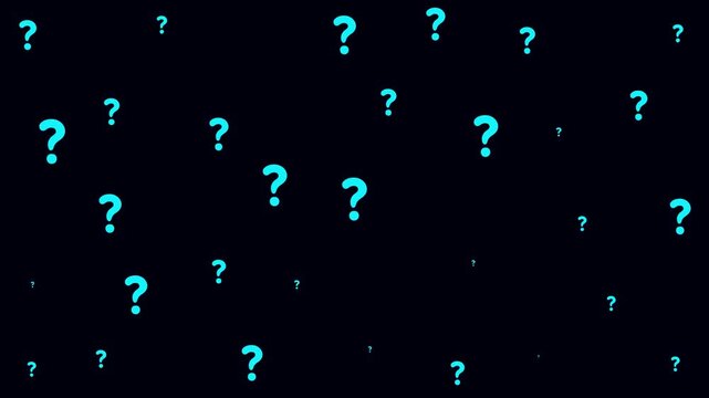 Floating cyan question marks background, abstract concept of uncertainty and faq motion