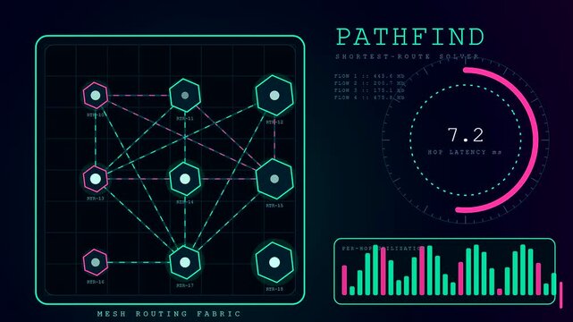 A detailed fiber routing map pulses with neon data streams as network nodes update latency metrics in a futuristic screen interface design showing digital flow patterns