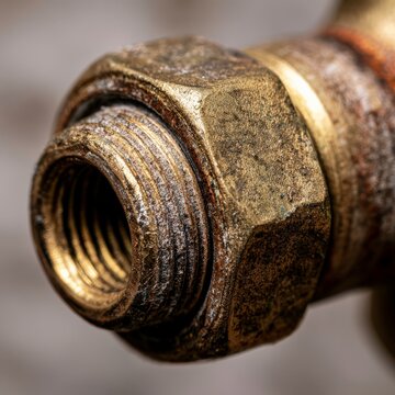 Close view of union nut and gasket seat of water meter connection with brass threads and old pipe dope