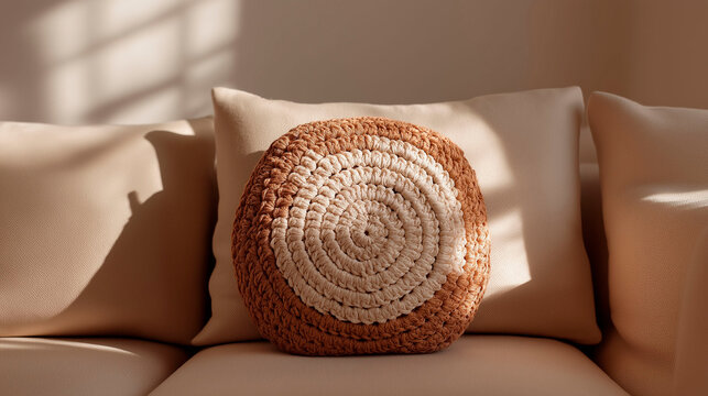 handmade crochet pillow with a circular textured pattern styled on a neutral sofa concept for cozy interiors home decor sustainable living and textile design