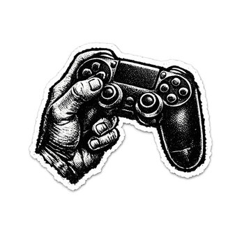 Hand Holding Game Controller Sticker Illustration, Tattoo Style Gaming Black and White Line Art