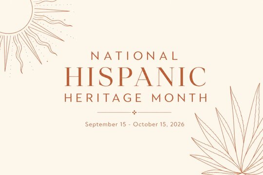 Minimalist boho poster and greeting card template for National Hispanic Heritage Month with text September 15 - October 15, 2026, featuring terracotta sun and agave line art on cream background