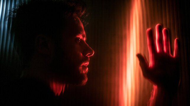 Man Touching Glowing Red Light Barrier