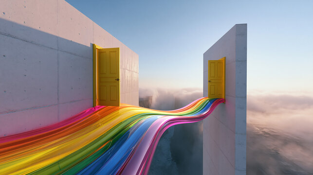 Rainbow Light Bridge Between Two Doors in Sky
