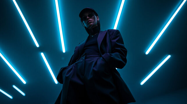 Confident Man in Neon Cyberpunk Setting with Sunglasses