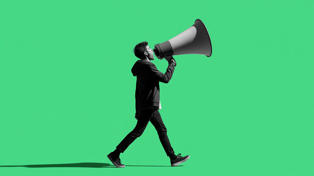 Businessman Running with Megaphone Against Green Background