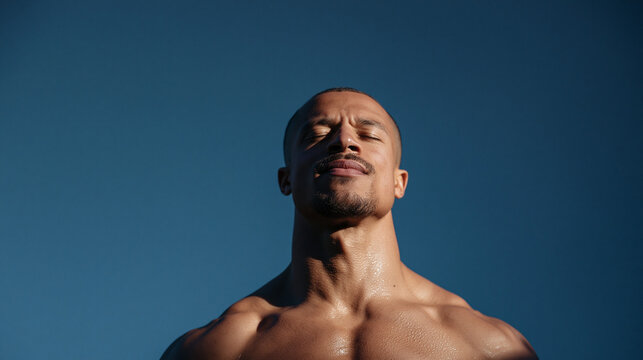 Shirtless Man Looking Up Against Blue Sky
