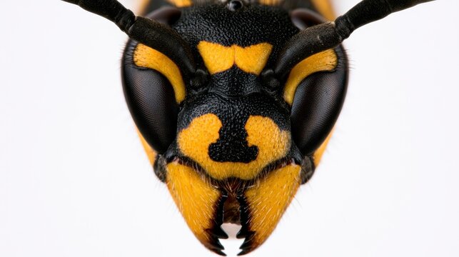 Extreme macro portrait of a common wasp face isolated on white background