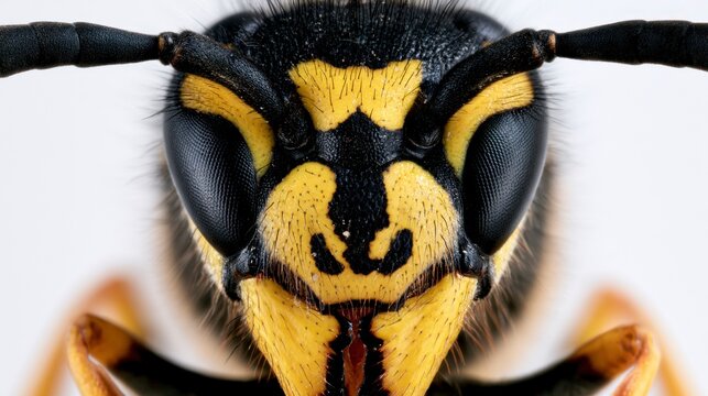 Extreme macro close-up of a wasp's head with detailed compound eyes and antennae