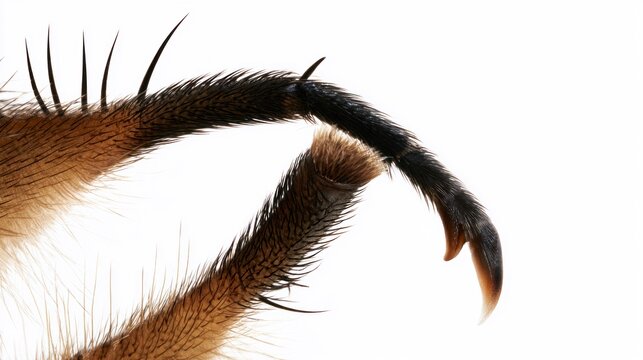 Extreme macro photography of an insect leg with detailed hairs, spines, and claws isolated on a white background