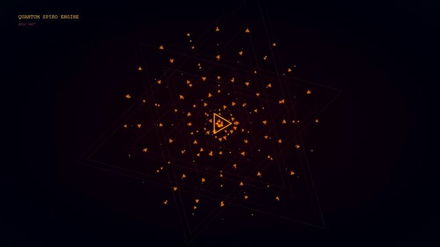 Quantum cloud computing visualization with glowing golden geometric shapes spinning in an infinite void displaying complex particle motion patterns and light rays in a dark environment