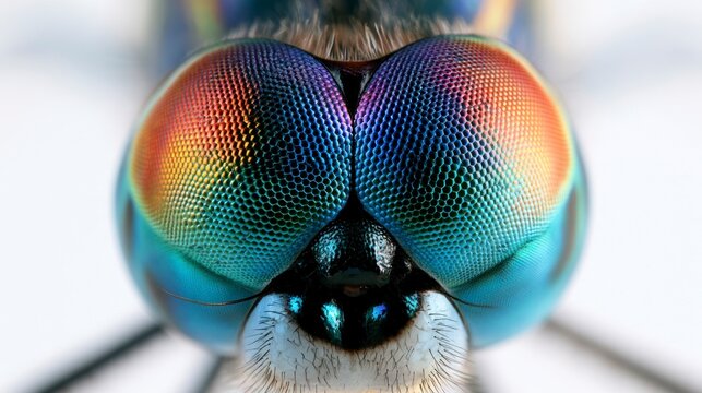 Extreme macro portrait of a dragonfly showing its vibrant iridescent compound eyes with a detailed hexagonal pattern