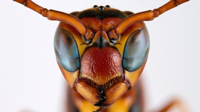 Extreme macro close-up of a wasp head showing detailed compound eyes, antennae and mandibles against a white background