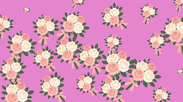 Romantic wedding pattern featuring pink and white rose bouquets on pink backdrop.