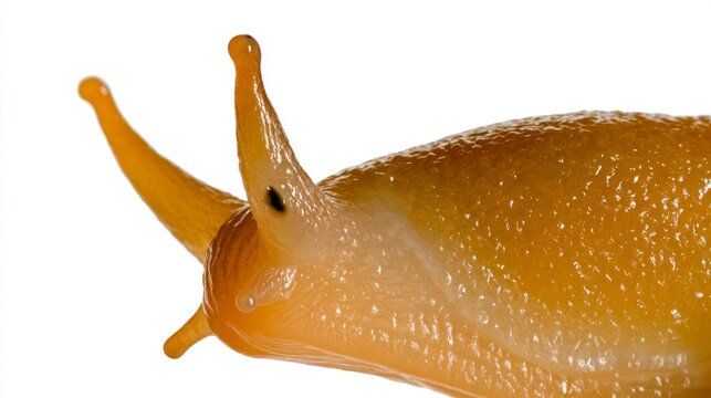Macro close-up of a yellow banana slug showing eye stalks isolated on white background