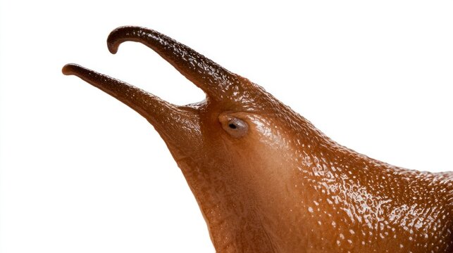 Macro Close-up of a Brown Garden Slug Head and Tentacles Isolated on White Background