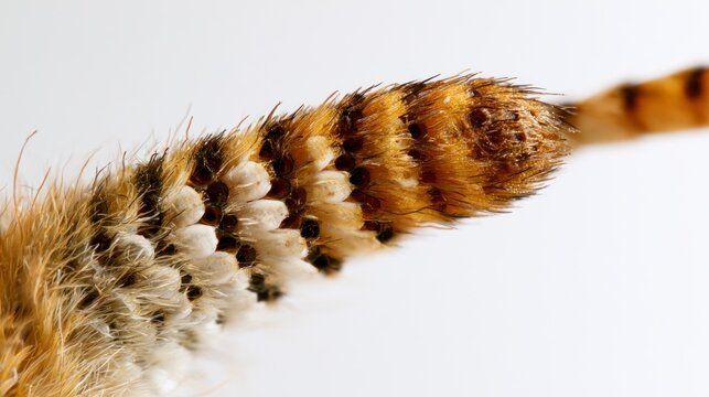 Extreme macro close-up of a hairy insect abdomen with white scale patterns on a white background