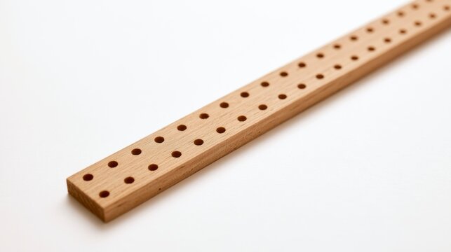 Close-up of a long wooden strip with two rows of drilled holes on a white background