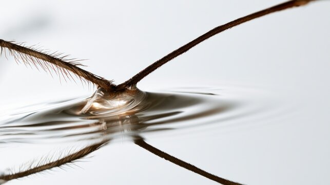 Macro photography of a water strider's legs showing surface tension on water