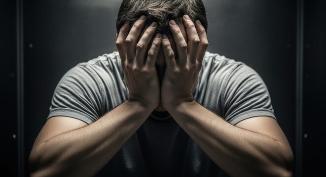 depressed man covering his face with hands in despair suffering from severe headache, stress, and anxiety