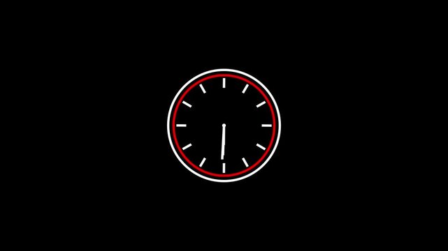 Minimalist analog clock face animation with rotating hands on black background, time watch timer