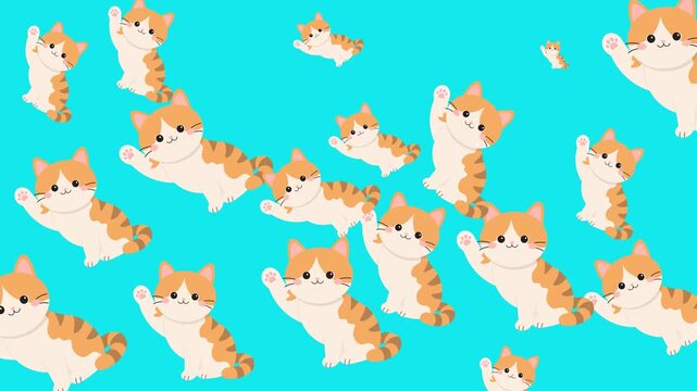Cute ginger kitten pattern waving on blue background, kawaii cat character illustration