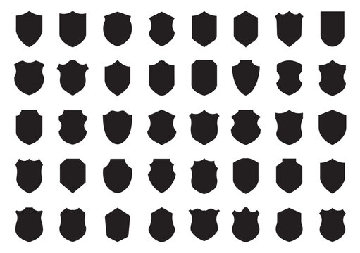 Shield silhouette icon set with 8 vector elements, heraldic coat of arms frames, black security badges and protection symbols for logo design