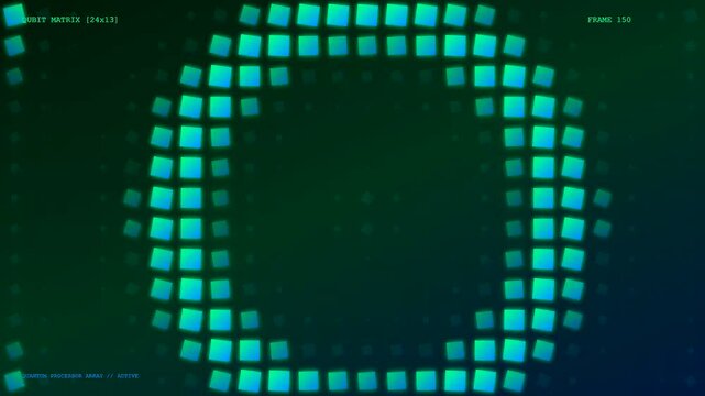 A glowing quantum cloud computing matrix features rotating neon squares that pulse with ethereal light patterns inside a dark digital simulation display showing procedural sequence frames