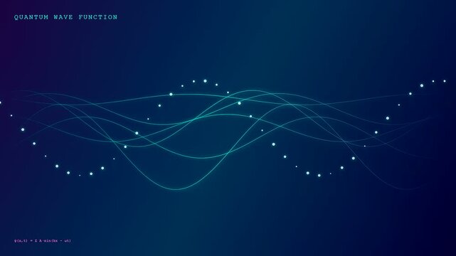 Quantum cloud computing visualizations showing abstract glowing wave functions with flowing motion paths and nodes against a deep blue gradient backdrop for digital data science research