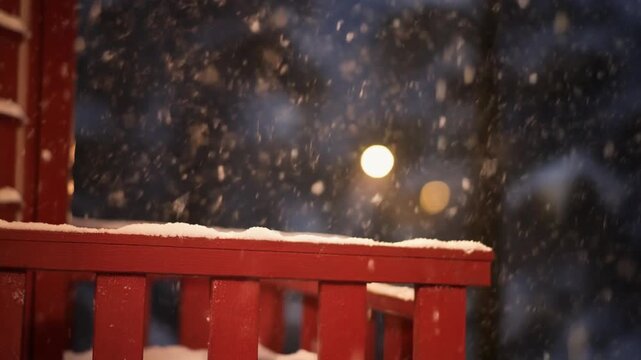 Snow falling over red balcony railing at Larung Gar night