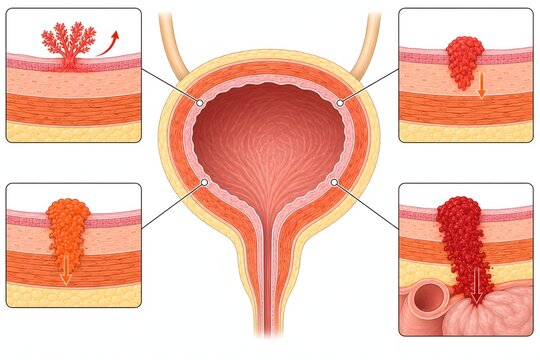 Bladder cancer staging diagram, urothelial carcinoma layers, urology oncology medical illustration showing urothelial cancer staging from Ta non-invasive to T3-T4 muscle-invasive with wall layer 
