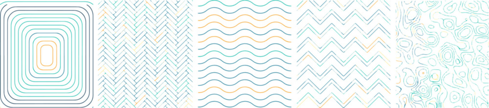 Five seamless linear patterns in teal and orange, featuring rounded rectangles, herringbone, wavy lines, zigzags, and topographic contours