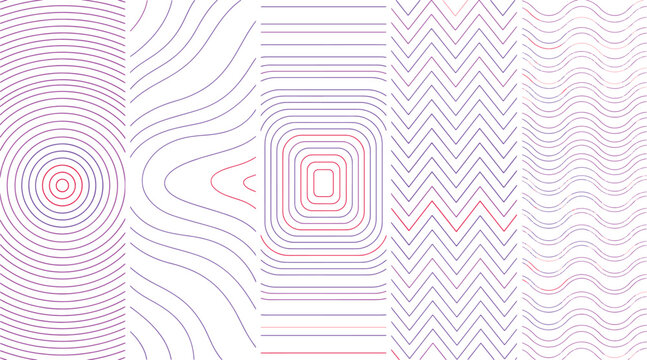 Collection of five linear patterns with purple and red gradients, featuring concentric circles, wavy lines, rounded rectangles, and zigzags