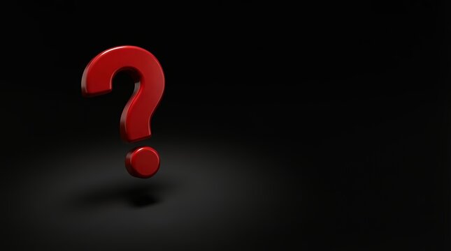 A striking 3D rendering of a red question mark against a black background casting a soft shadow symbolizing mystery inquiry and curiosity. red question mark symbol icon 3d 3d render rendering black