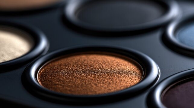 Close-up of a makeup palette with various shimmering colors in circular pans