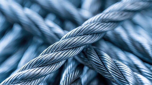 Close-up of tightly twisted silver metal strands forming a strong, textured rope