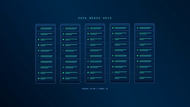 Modern enterprise cloud solutions process big data with pulsing green indicators and glowing server nodes across a futuristic digital storage grid network.