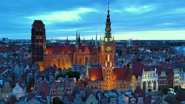Architecture of old town in Gdansk with Main City Hall, Poland