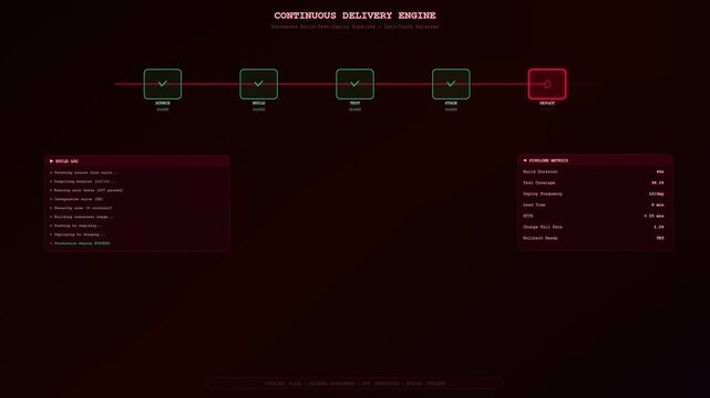 Demonstrating powerful enterprise cloud solutions a dark digital interface screen displays the sequential stages of automated software build test and deployment pipelines.