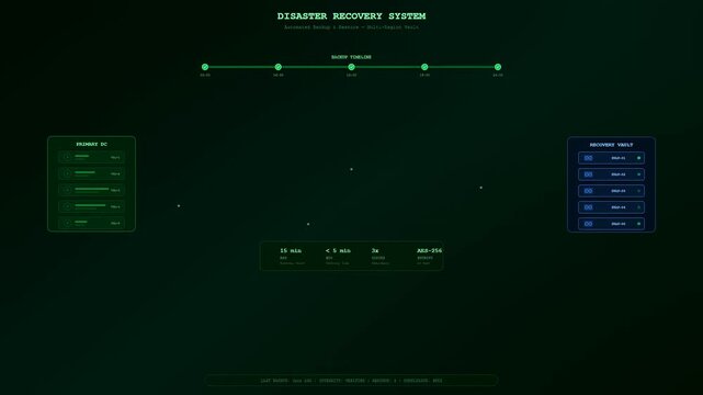 A futuristic digital dashboard demonstrates Enterprise Cloud Solutions in action as backup data packages stream dynamically from a primary server to a recovery vault.